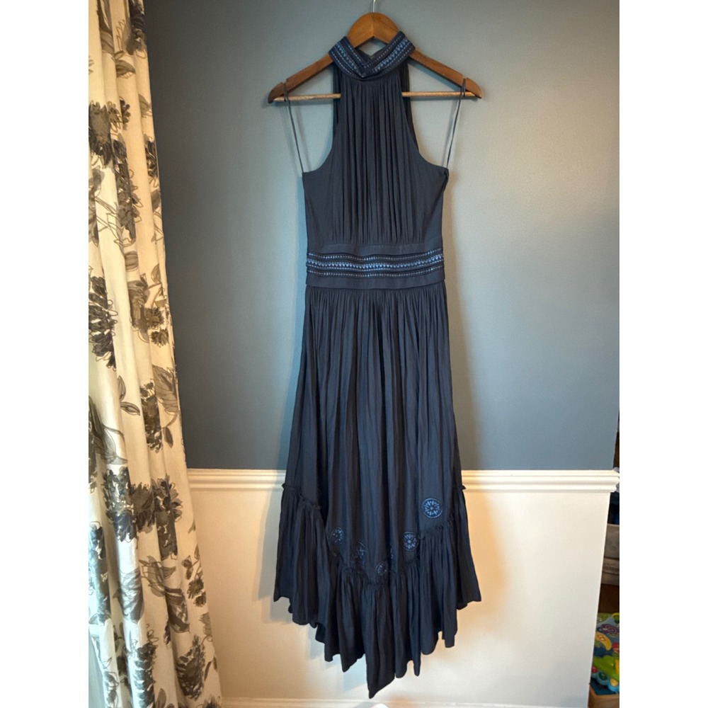 NEW Ramy Brook Nova Dress Navy Sleeveless‎ Halter Neck Midi embroidered
